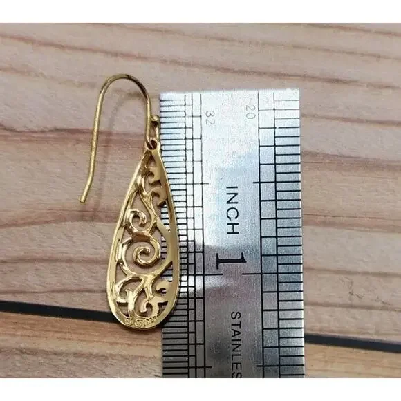 Yellow Gold Plated Sterling Silver Teardrop Filigree Drop Dangle Hook Earrings - Picture 8 of 9